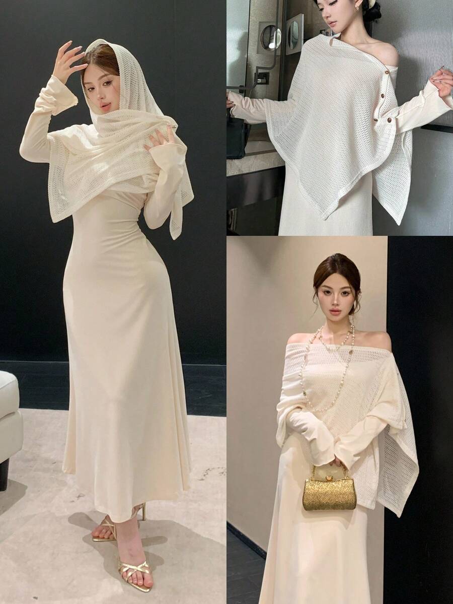 DAZY 春夏纯色围巾披肩及修身连衣裙套装，优雅百搭，适合情人节、婚礼、派对、正式场合、时尚活动，修身剪裁，通勤皆宜。 - 米色 - 查看 1