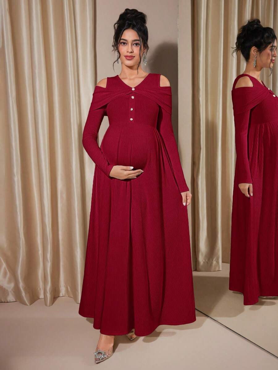 Momance Maternity Raglan Sleeve Button Front Rib-Knit A-Line Midi Dress, Spring/Autumn - Burgundy - View 1