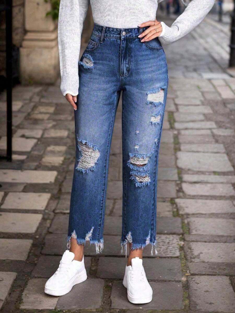 Ripped Jeans With Mom Fit, Comfortable, With Ripped Details, Zipper Closure And Practical Pockets. Informal Cut - 2063 - 查看 1