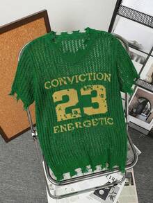 Manfinity Homme Camiseta de punto de manga corta casual con gráfico de letras y números para hombres - Verde militar - Ver 2