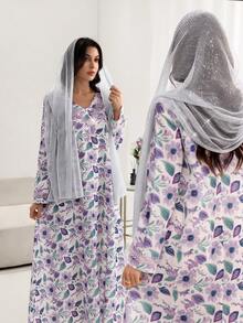 Yasmyna Damen elegantes Blumenprint-Kleid mit V-Ausschnitt, Glockenärmeln, Perlenbesatz und Bindegürtel, Urlaubsstil, Frühling/Herbst - Verschiedenfarbig - Übersicht 5
