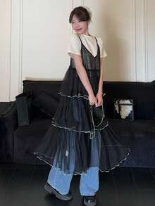 DAZY Women's Lace Layered Cake Slip Midi Dress - Black - View 7