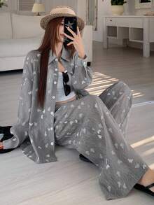 DAZY 女士休闲度假风韩版蝴蝶印花长袖衬衫和阔腿裤轻薄两件套，春夏秋季 - 灰色 - 查看 6