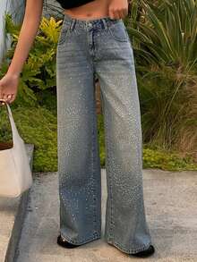 DAZY Women's Low Waist Rhinestone Embellished Straight Leg Casual Jeans Y2k - Medium Wash - View 6