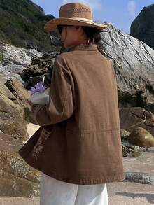 DAZY Women's Lapel Loose Bohemian Floral Pattern Urban Casual Denim Jacket And Coat - Brown - View 3