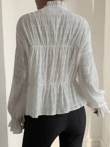 Livesso 春夏宽松商务休闲纹理荷叶边下摆腰部设计白色开衫长袖衬衫，女士度假款 - 白色 - 查看 3