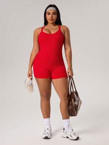 Rhythm Era 1pc Plus Size Women Seamless Backless Criss-Cross Hollow Design Jumpsuit For Running, Fitness, Workout