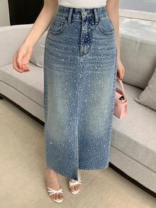 DAZY Women's Casual Rhinestone Embellished Straight Cut Slit Denim Skirt, Spring/Summer - Blue - View 12