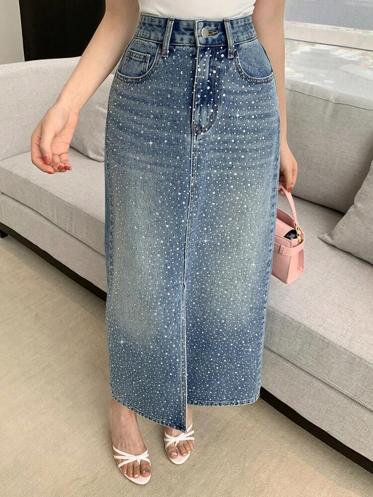 Women's Casual Rhinestone Embellished Straight Cut Slit Denim Skirt, Spring/Summer