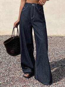 Livesso High Waist Casual Solid Color Women's Fashion Belt Loop Loose Fit Jeans - Dark Wash - View 5