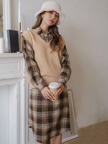 DAZY 女士格子保暖长袖衬衫裙，秋季款 - 彩色 - 查看 3