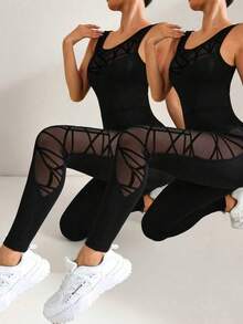Velisys 夏季网纱拼接露背弹力连体裤 - 黑色 - 查看 4