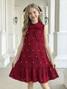 SHEIN Serisse Kids Girls Textured Fabric Beaded Bow Decor Mandarin Collar Sleeveless A-Line Dress, Tween Girl - Burgundy - View 8