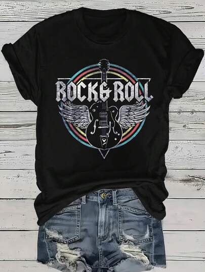 INAWLY Round Rock Band Graphic T-Shirt, Short-Sleeved Casual Round Neck Top, Spring/Summer Women's Clothing