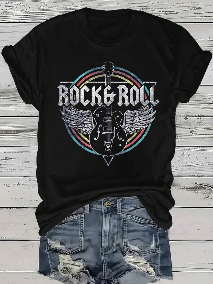 INAWLY Round Rock Band Graphic T-Shirt, Short-Sleeved Casual Round Neck Top, Spring/Summer Women's Clothing - Navy Blue - View 1