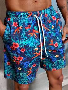 Manfinity Swimmode 男士印花抽绳腰带口袋休闲沙滩短裤，休闲户外沙滩短裤，抽绳腰带，单层无内衬，适合休闲、度假、海滩穿着，夏威夷男士沙滩装，男士印花泳裤，夏威夷男士短裤，男士泳装短裤，男士沙滩短裤 - 彩色 - 查看 4