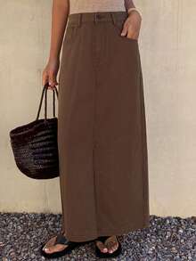 DAZY 女士休闲水洗牛仔A字裙，春夏款 - 咖啡棕 - 查看 5