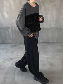 FRIFUL Colorblock Round Neck Drop Shoulder Long Sleeve Layered Velvet Fabric Loose Casual Versatile T-Shirt - Black - View 2
