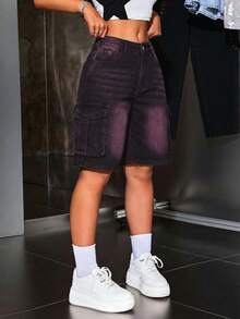 SHEIN PETITE Women's Casual Versatile Commuting Denim Shorts With Pockets And Buttons - Black - View 5