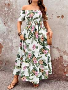 Vestido de playa de verano con estampado tropical, hombro descubierto, Body fruncido y cintura con lazo para mujeres de talla - Multicolor - Ver 4