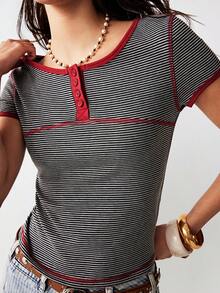 Bohemela Casual Knit Partial Zip-Up Short Sleeve Fitted Women T-Shirt - Grey - View 6