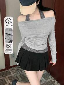 DAZY Women's Off-Shoulder Casual Long Sleeve T-Shirt, Korean Style - Grey - View 1