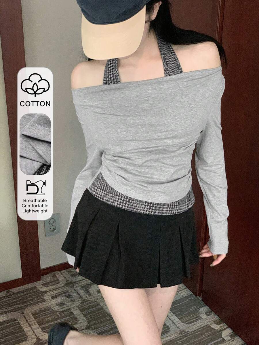 DAZY Women's Off-Shoulder Casual Long Sleeve T-Shirt, Korean Style - Grey - View 1