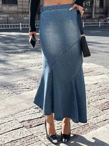 DAZY 女士牛仔美人鱼半身裙，镂空设计，优雅Y2K风格 - 中等水洗藍 - 查看 3