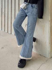 FRIFUL Jeans acampanados de mujer con lavado y deshilachado casual - Azul - Ver 7