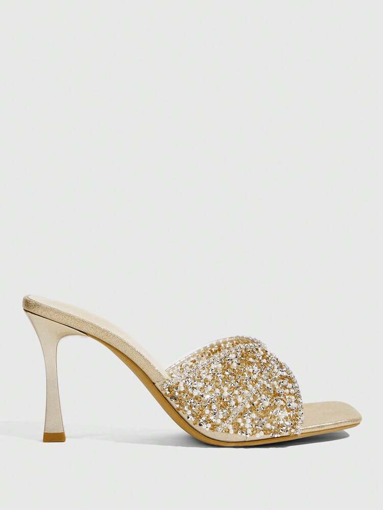 CUCCOO TILAWA Women Shoes Fashion Square Toe Slender Heel Orange Full Diamond Rhinestone Open Toe Transparent Film Full Diamond Slip-On With Skirt Fashion Gorgeous Sexy Party Ladies High Heel Sandals