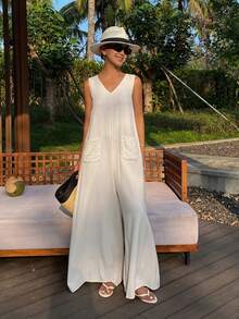 DAZY Bộ jumpsuit không tay cổ chữ V thanh lịch có túi, dáng rộng, phù hợp cho mùa xuân và mùa thu, dành cho nữ. - trắng - Xem 4