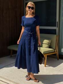 DAZY Mid-Length Waist Cinched Retro Goddess Style A-Line Denim Dress For Women - Dark Wash - View 6