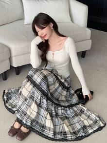 DAZY Women's Retro Plaid Lace Patchwork A-Line High Waist Skirt - Multicolor - View 9