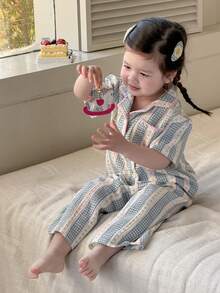 DAZY 2pcs/Set Toddler Girls' Fresh Korean Style Shirt And Pants Pajama Set - Baby Blue - View 3