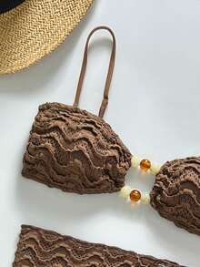 Swim Vcay 3 sztuki/zestaw eleganckich i modnych damskich strojów kąpielowych w jednolitym kolorze z ozdobnym przodem i ramiączkami typu spaghetti, lato, wiosna, walentynki, na co dzień, na imprezę, na plażę - Brązowy - Zobacz 6