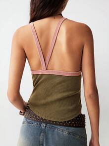Bohemela Áo tank top nữ dệt kim kiểu patchwork ôm dáng thường ngày - xanh quân đội - Xem 8