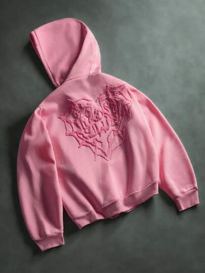 STYNVO 男士街头风流行蜘蛛网爱心3D刺绣“LOVE”3D刺绣连帽衫，适合户外音乐节、日常出行、朋友聚会、送给男友/老公的礼物、周年纪念礼物，粉色