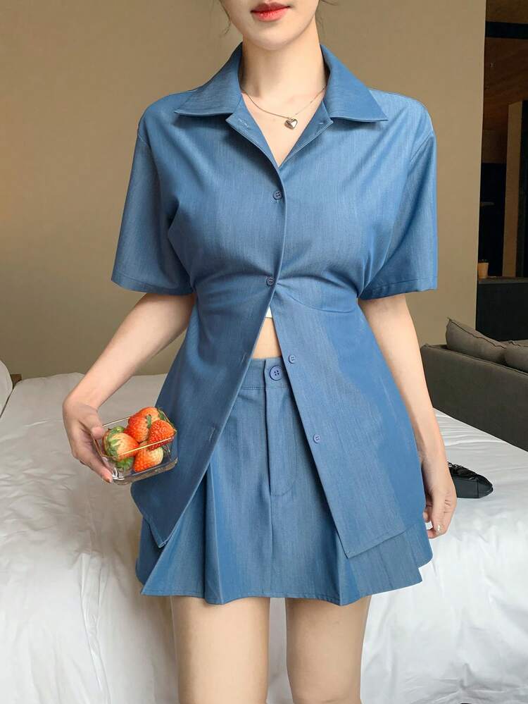 Women's Collared Short Sleeve Blouse & Mini Skirt 2 Pieces Set, Fresh Korean Style