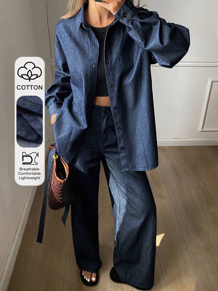 Women's Lapel Long Sleeve Loose Waist Belt Denim Shirt And Relaxed Straight Casual Denim Suit