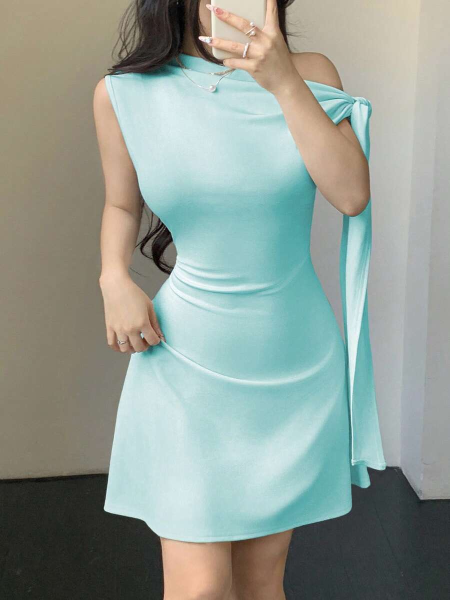 Celisse Vestido corto asimétrico con nudo en la cintura para mujer - Azul - Ver 1