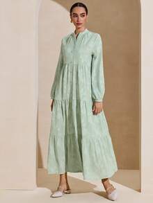 Graceveil Stand Collar Button Floral Fabric Long Sleeve Flared Women's Arabic Dress - Green - View 6