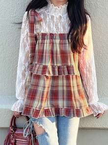 FRIFUL 女士格子棉质吊带背心，肩部系带蝴蝶结，A字下摆和荷叶边装饰，宽松休闲百搭背心 - 彩色 - 查看 6