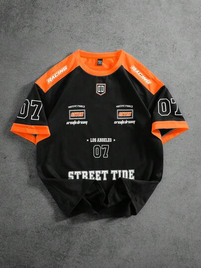 PAVTROS 男士撞色拼接字母图案圆领T恤，夏季