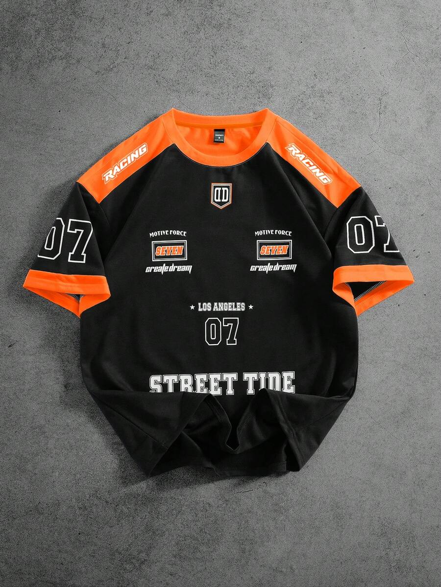 PAVTROS Áo thun nam cổ tròn phối màu tương phản, in chữ, họa tiết, màu đen và cam, phong cách đường phố mùa hè, áo thun nam phong cách retro bóng rổ. - trái cam - Xem 1