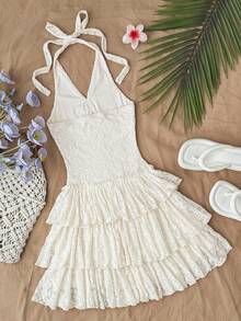 Apricot V-Neck Layered Ruffle Knit Jacquard Bowknot Dress, Suitable For Vacation, Beach, Date, Casual Outing - Apricot - View 2