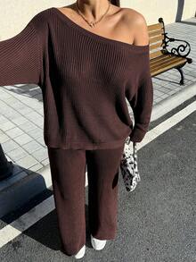 Muchica Plus Size Asymmetric Collar Long Sleeve Sweatshirt And Pants Casual Suit - Brown - View 8