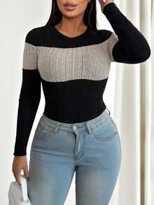 SHEIN LUNE Women's Elegant Color Block Round Neck Long Sleeve Ribbed Bodysuit - Black - View 5