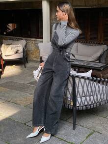 DAZY 西部牛仔风宽松做旧背带裤，休闲街头风牛仔背带裤/连体裤，女士春秋季款 - 灰色 - 查看 6