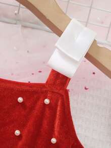 1pc Young Girl Vintage Red Square Neck Sleeveless Dress, Decorated With White Bow Straps And Pearl Buttons, A-Line Silhouette With Lustrous Fabric, Suitable For Birthday Party, Ceremony, Holiday, Park, Spring/Summer Outing, Back To School Red Dress For Girls Velvet Dress For Girls Red Junior Bridesmaids Dress - Red - View 5