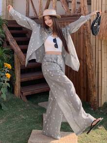 DAZY 女士休闲度假风韩版蝴蝶印花长袖衬衫和阔腿裤轻薄两件套，春夏秋季 - 灰色 - 查看 3